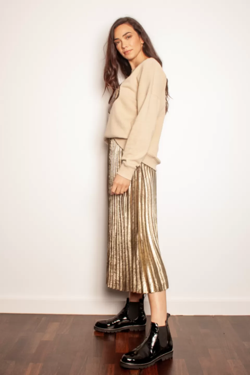 Sunray Bronze Pleated Midi Skirt