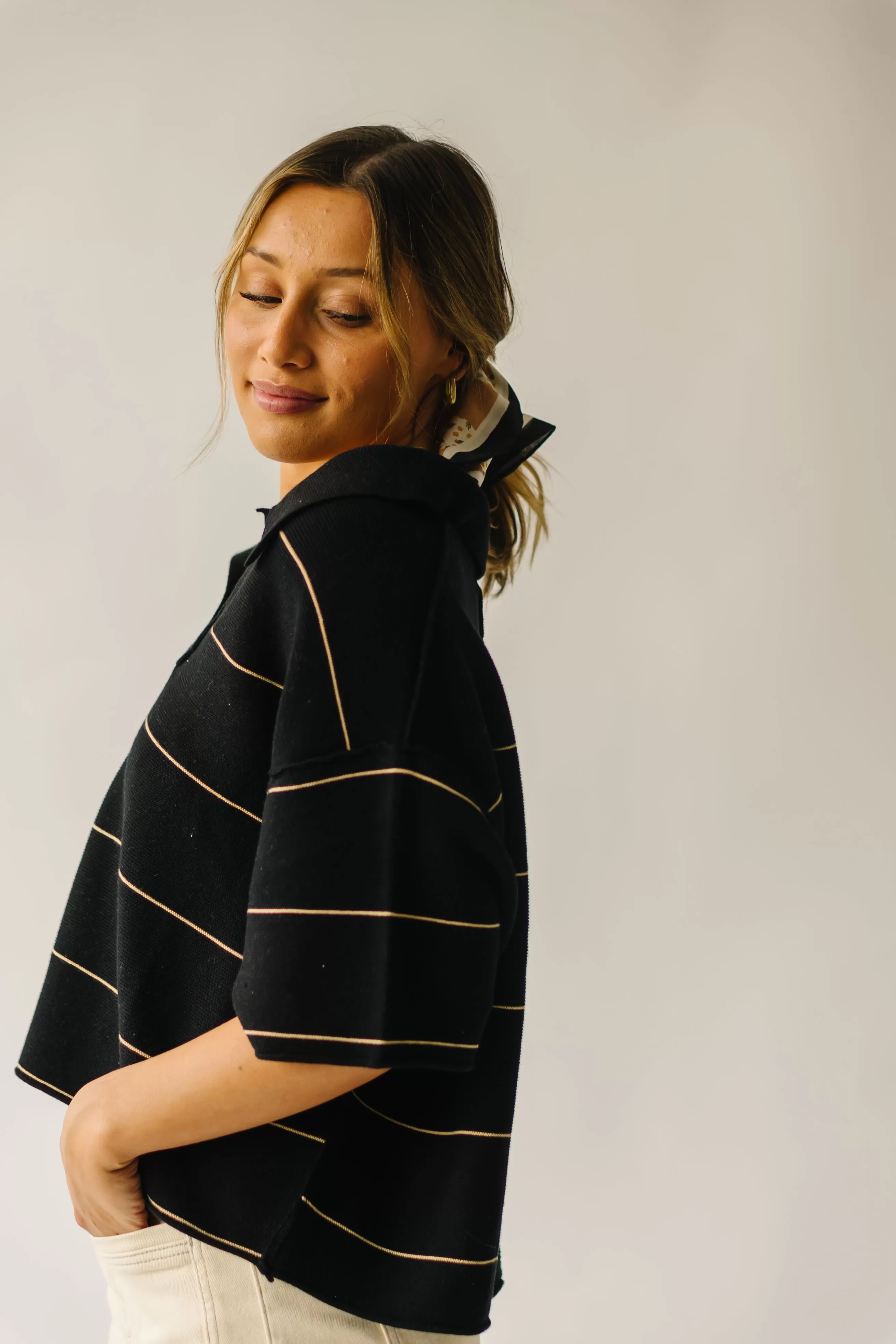 The Dellona Collared Blouse in Black   Tan Stripe