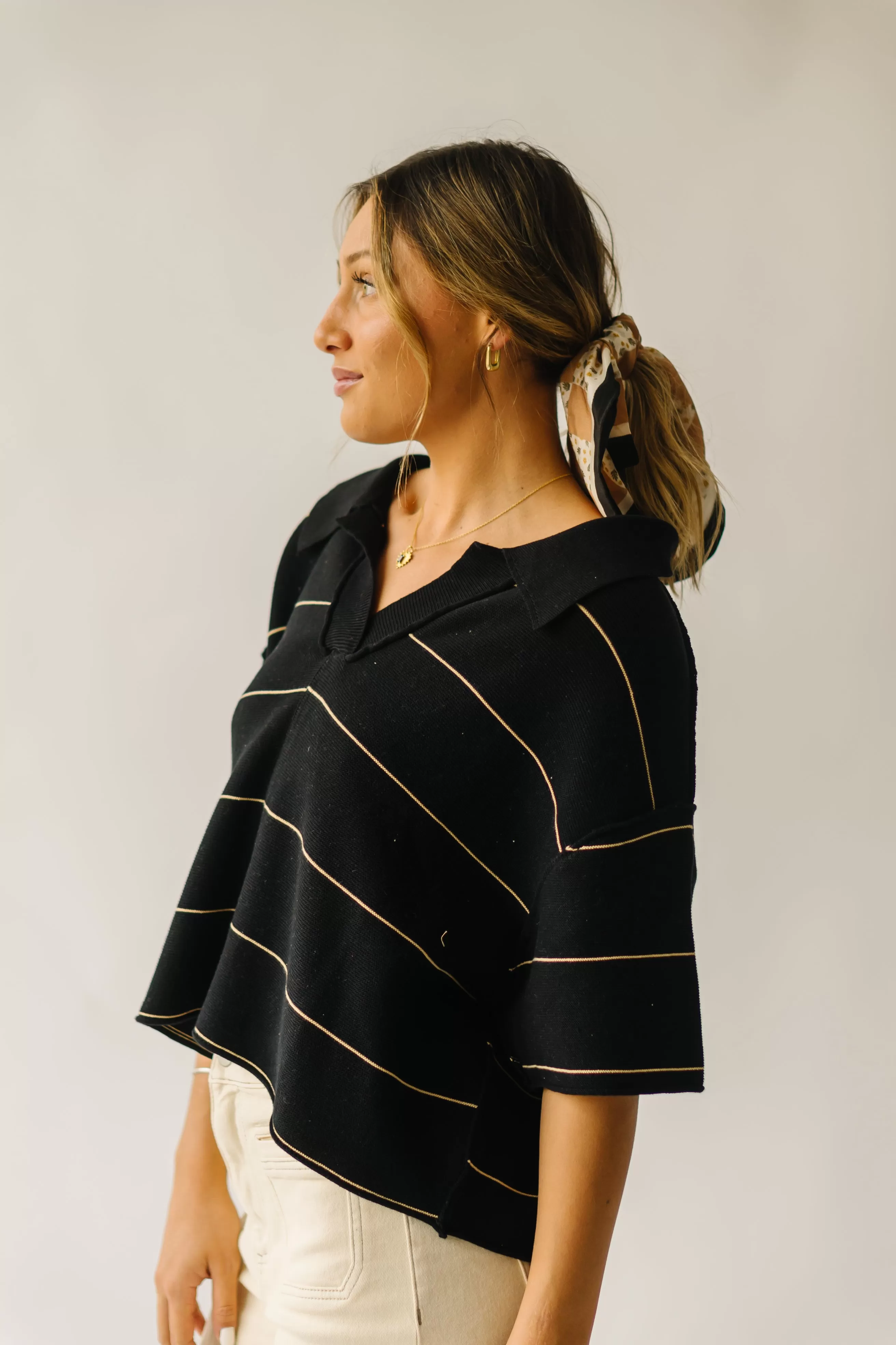 The Dellona Collared Blouse in Black   Tan Stripe