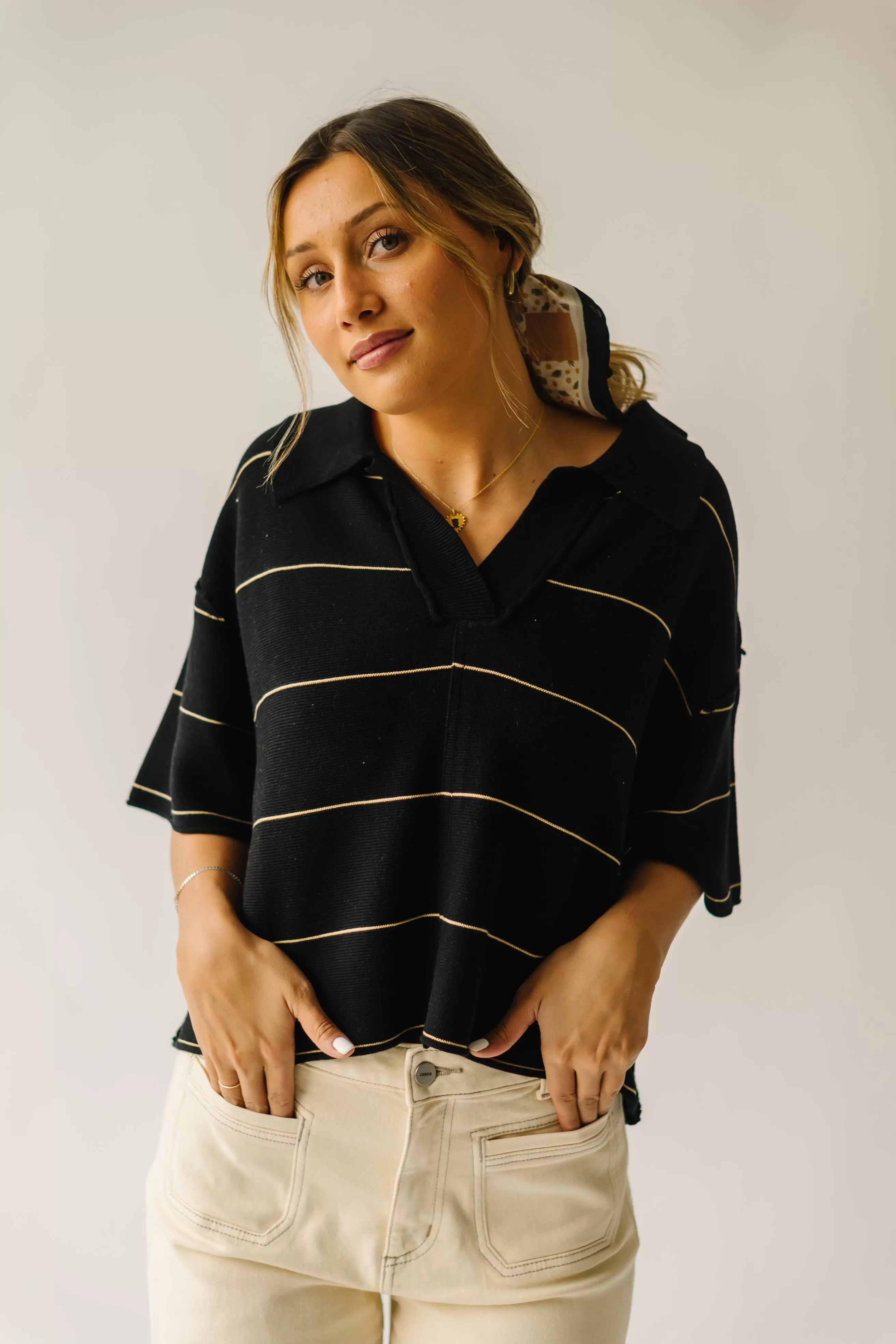 The Dellona Collared Blouse in Black   Tan Stripe