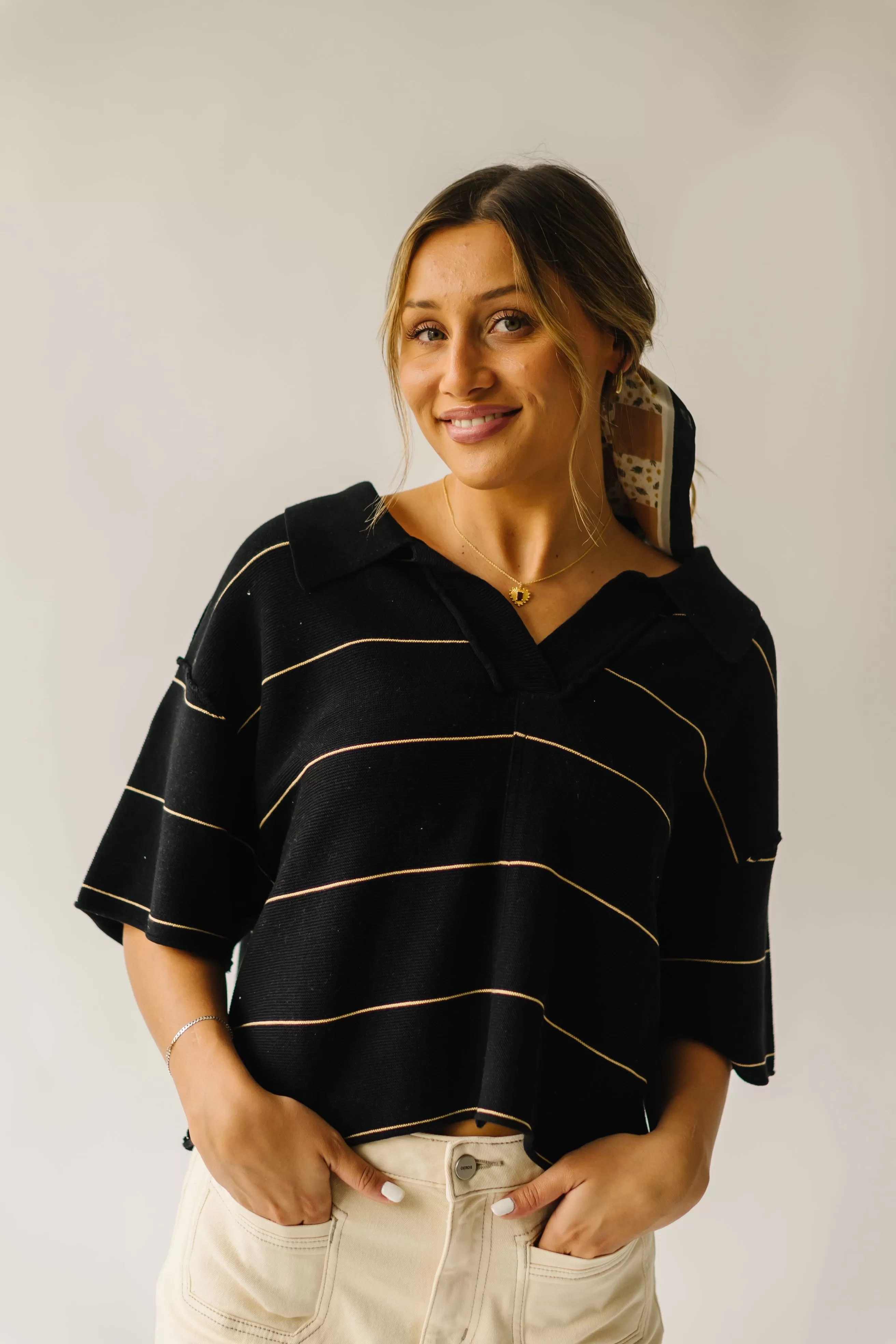 The Dellona Collared Blouse in Black   Tan Stripe