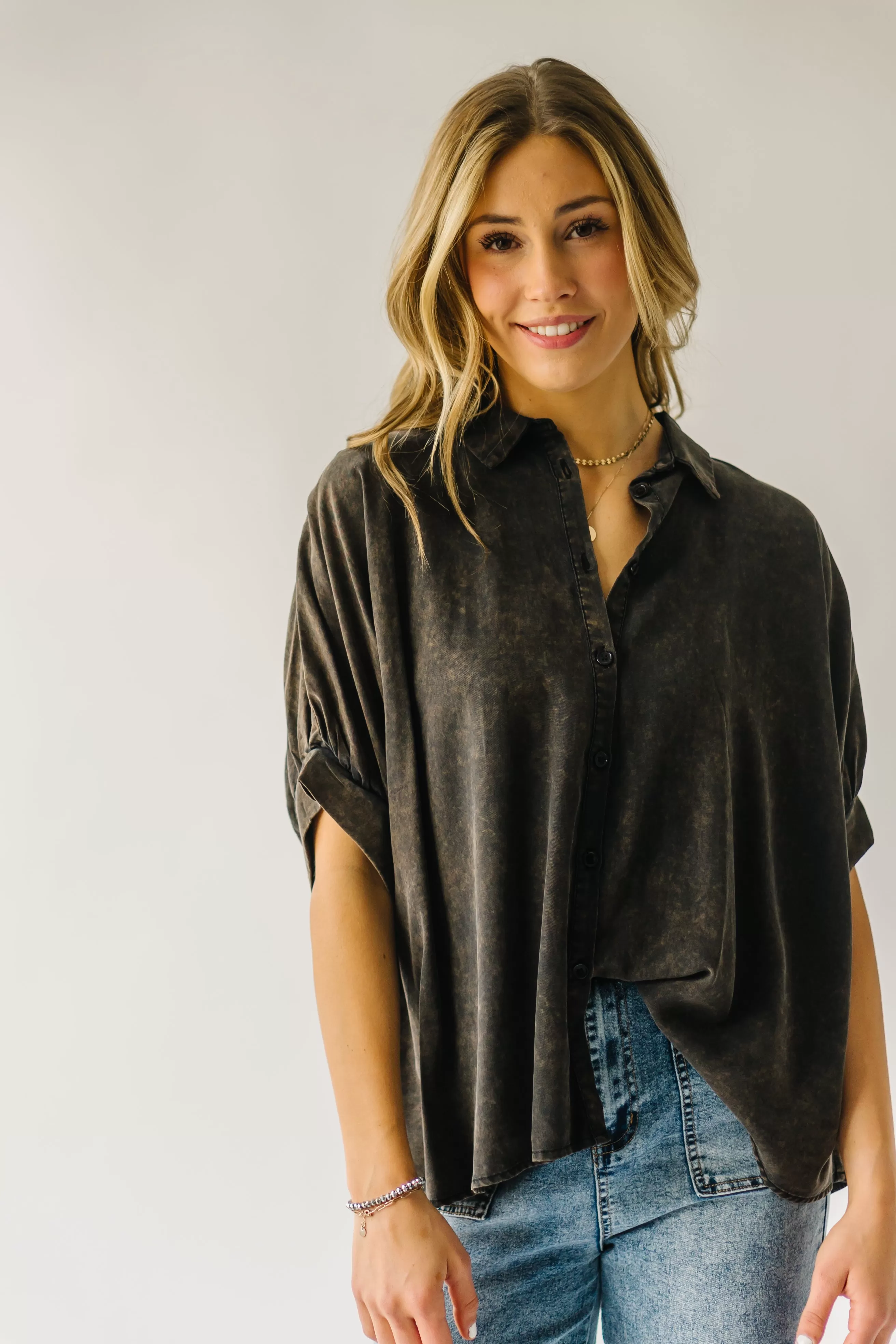 The Lowen Oversized Button-Up Blouse in Washed Black