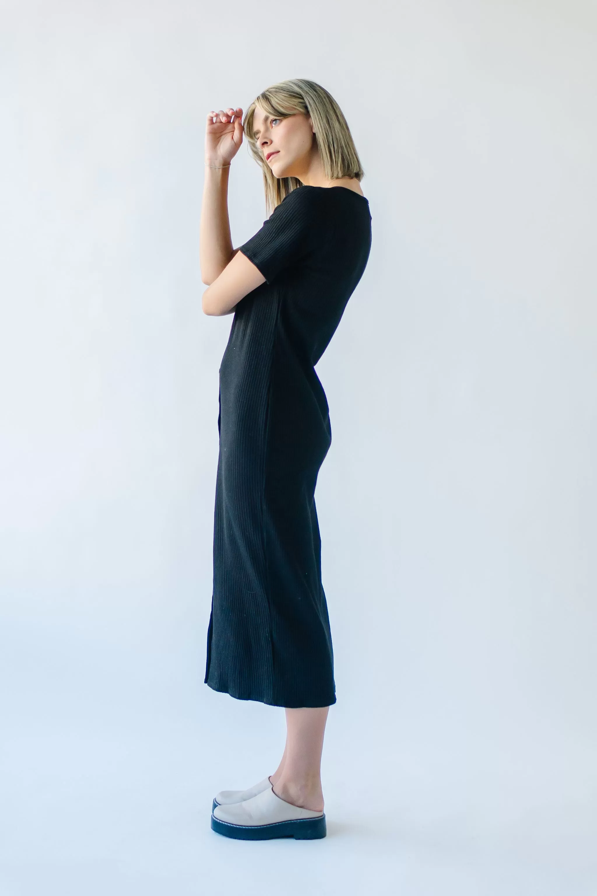 The Pomona Ribbed Button Dress in Black