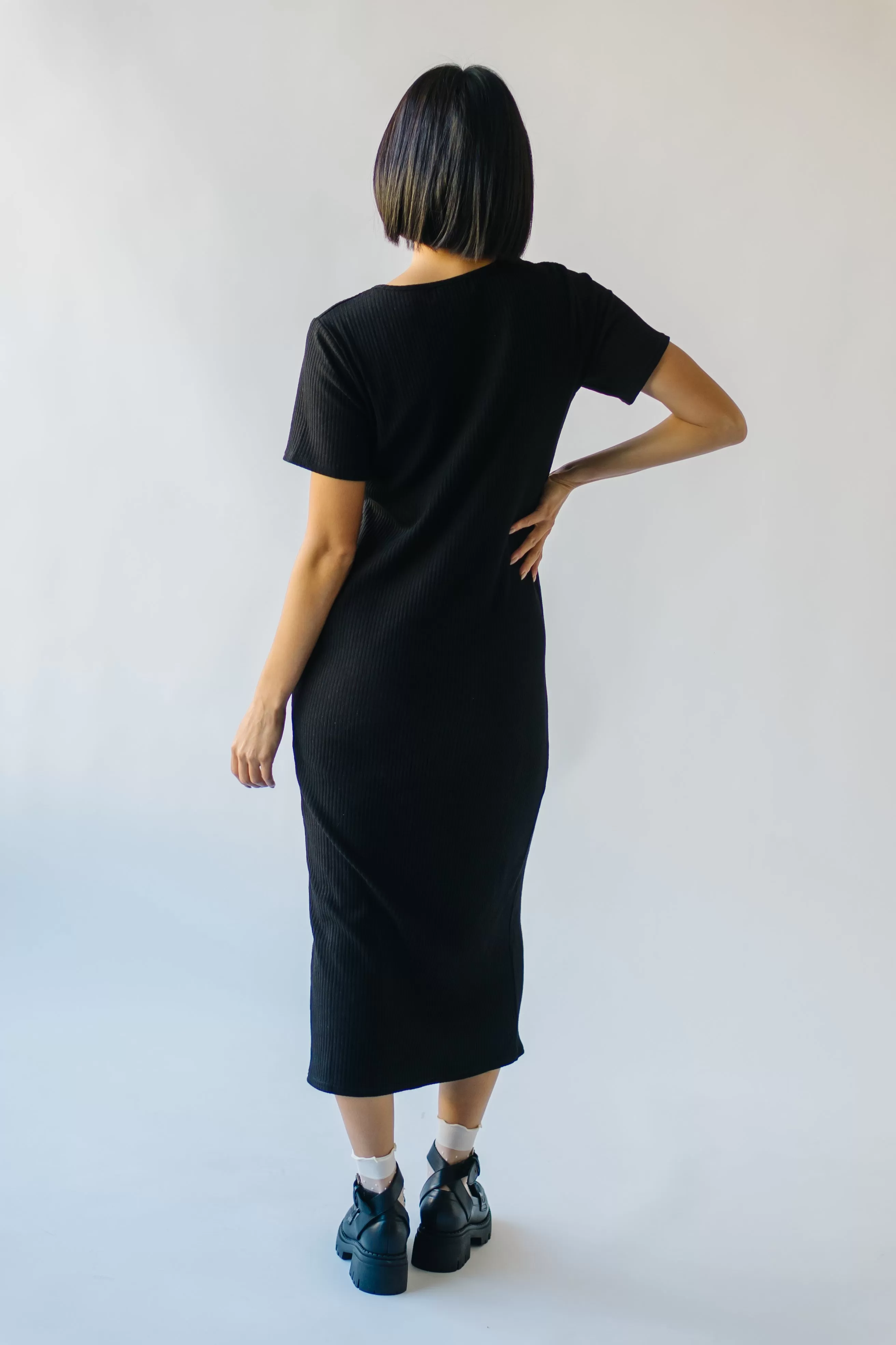 The Pomona Ribbed Button Dress in Black