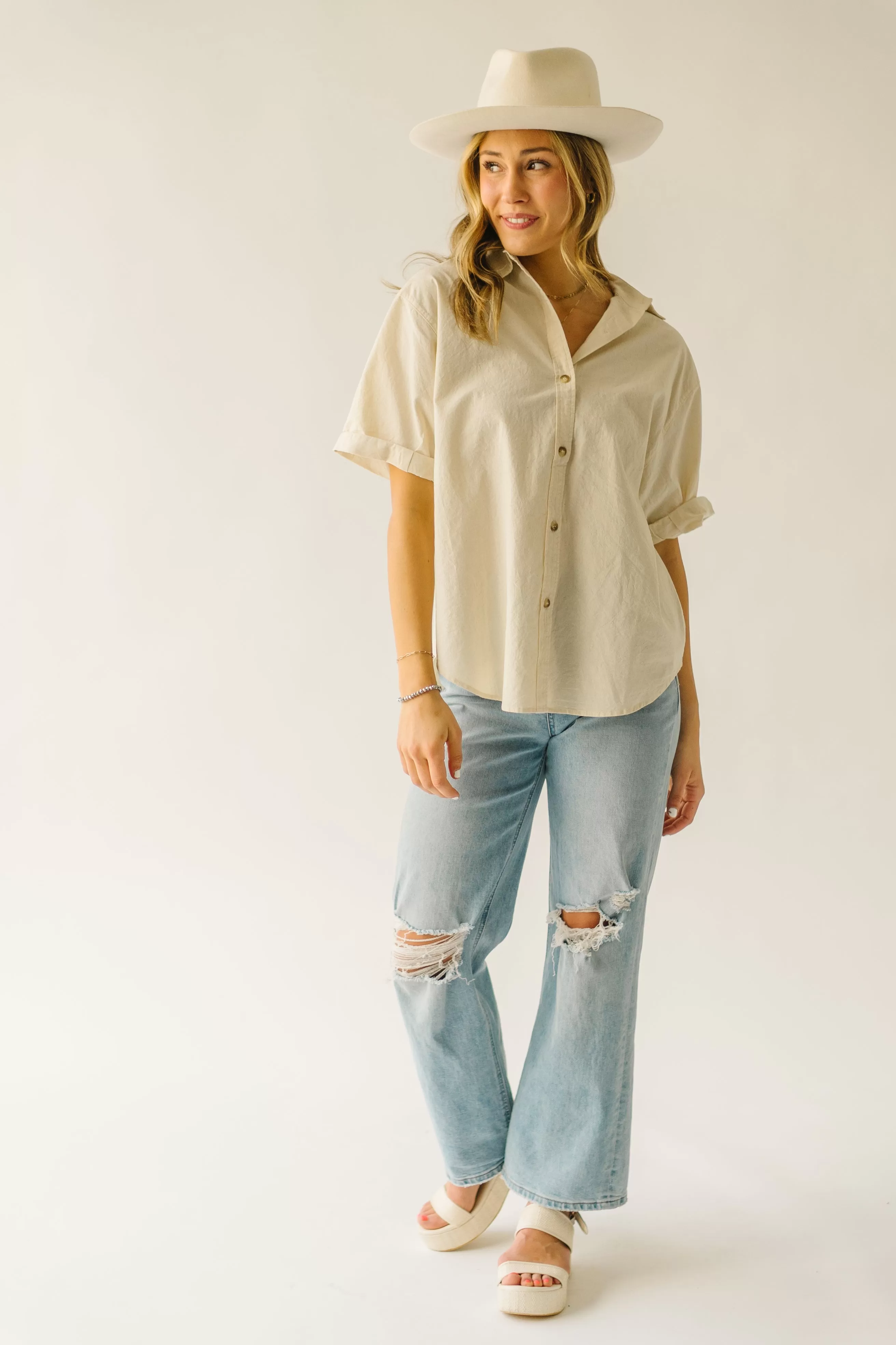 The Rosner Cuff Sleeved Button-Up Blouse in Natural