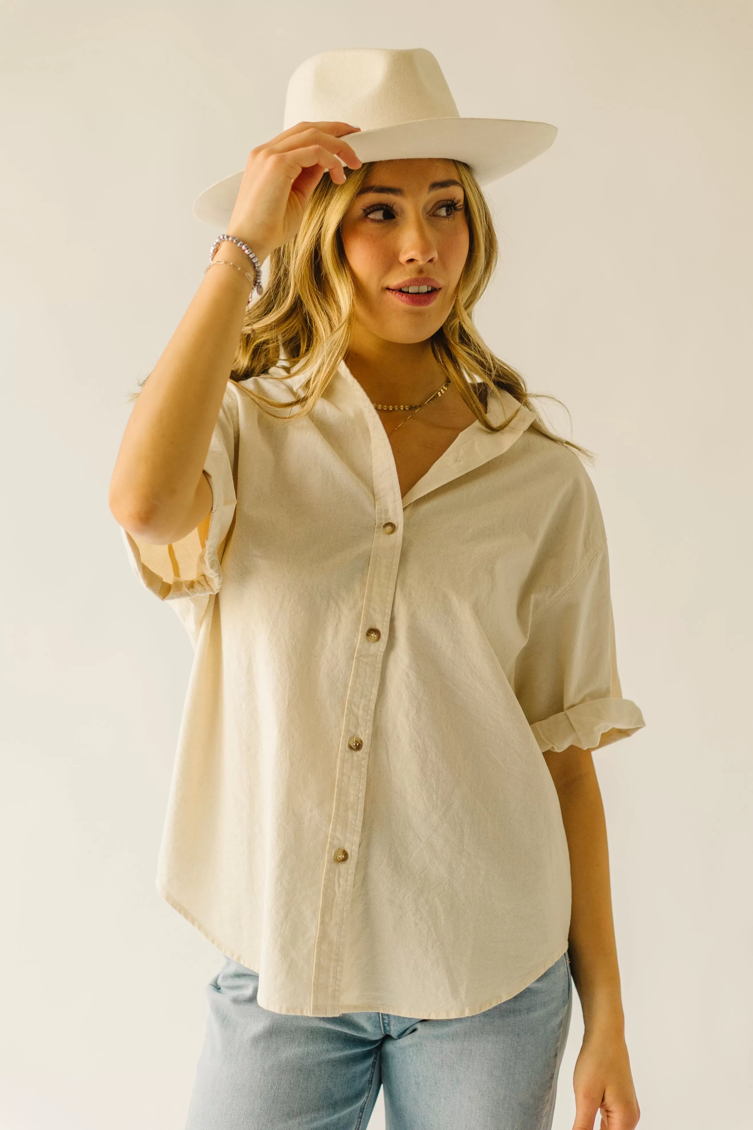 The Rosner Cuff Sleeved Button-Up Blouse in Natural