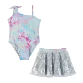 Tie Dye Swimsuit & Skirt Set | Pink & Silver