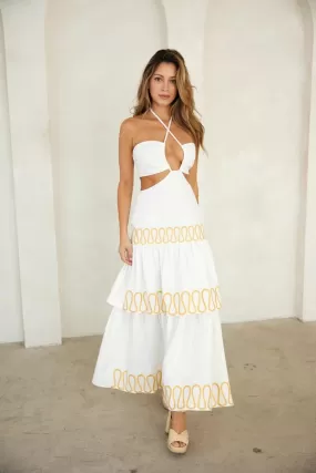 Time embroidery Maxi Dress Off White