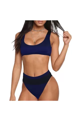 Tri-Blue Sport Top & High-Waist Bikini Swimsuit