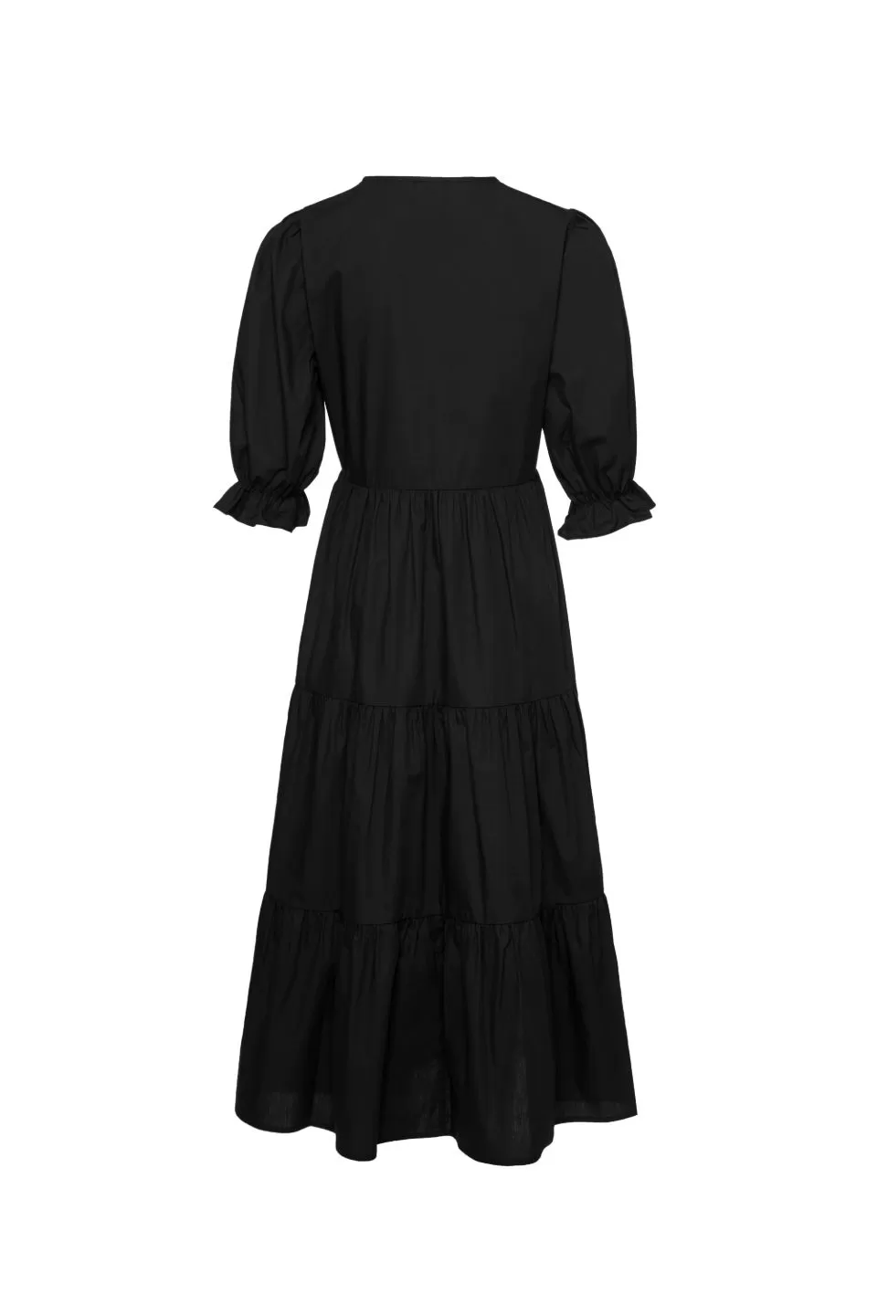 True Love Black Cotton V Neck SS Puff Sleeve Tiered Maxi Dress