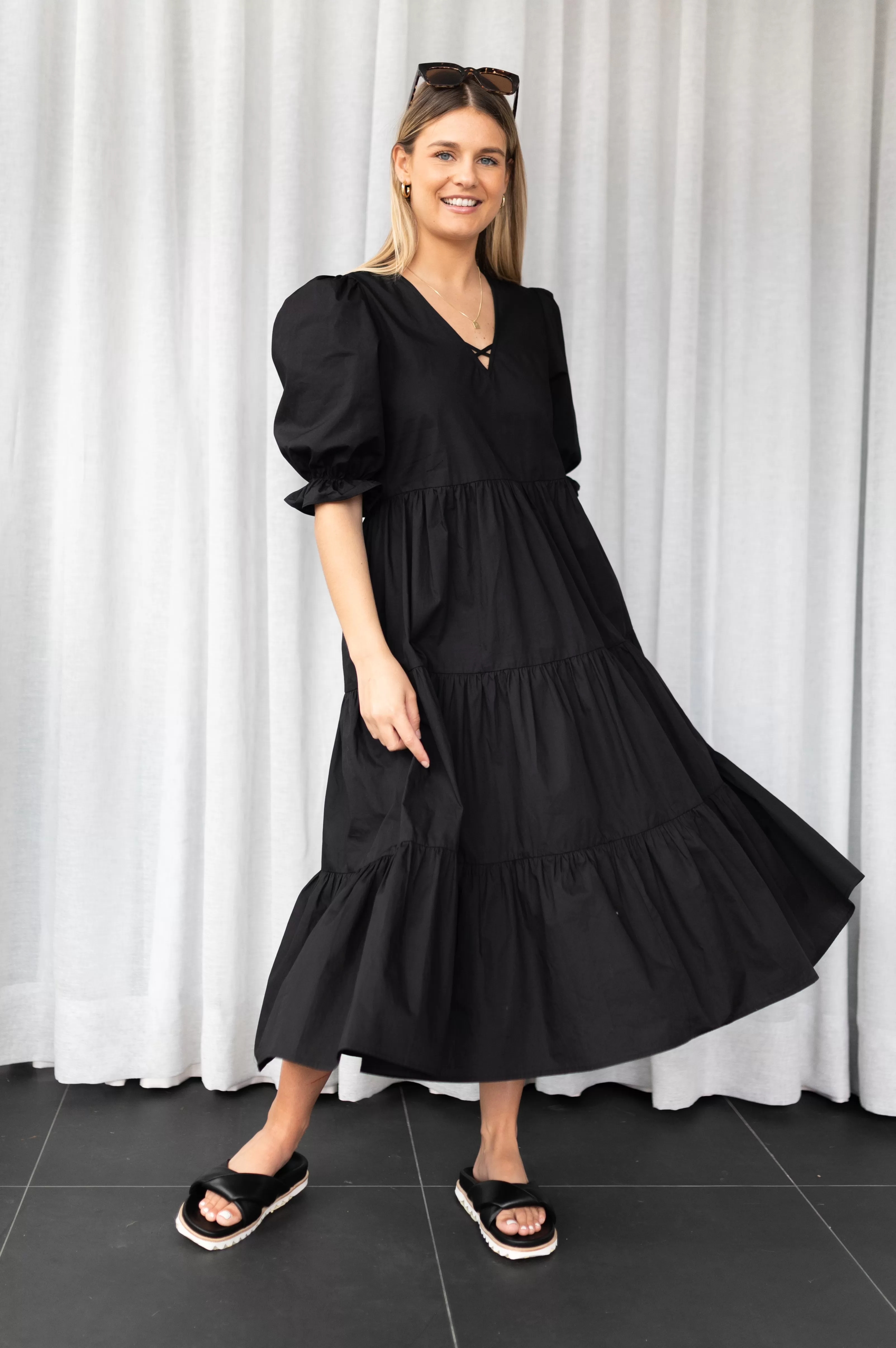 True Love Black Cotton V Neck SS Puff Sleeve Tiered Maxi Dress