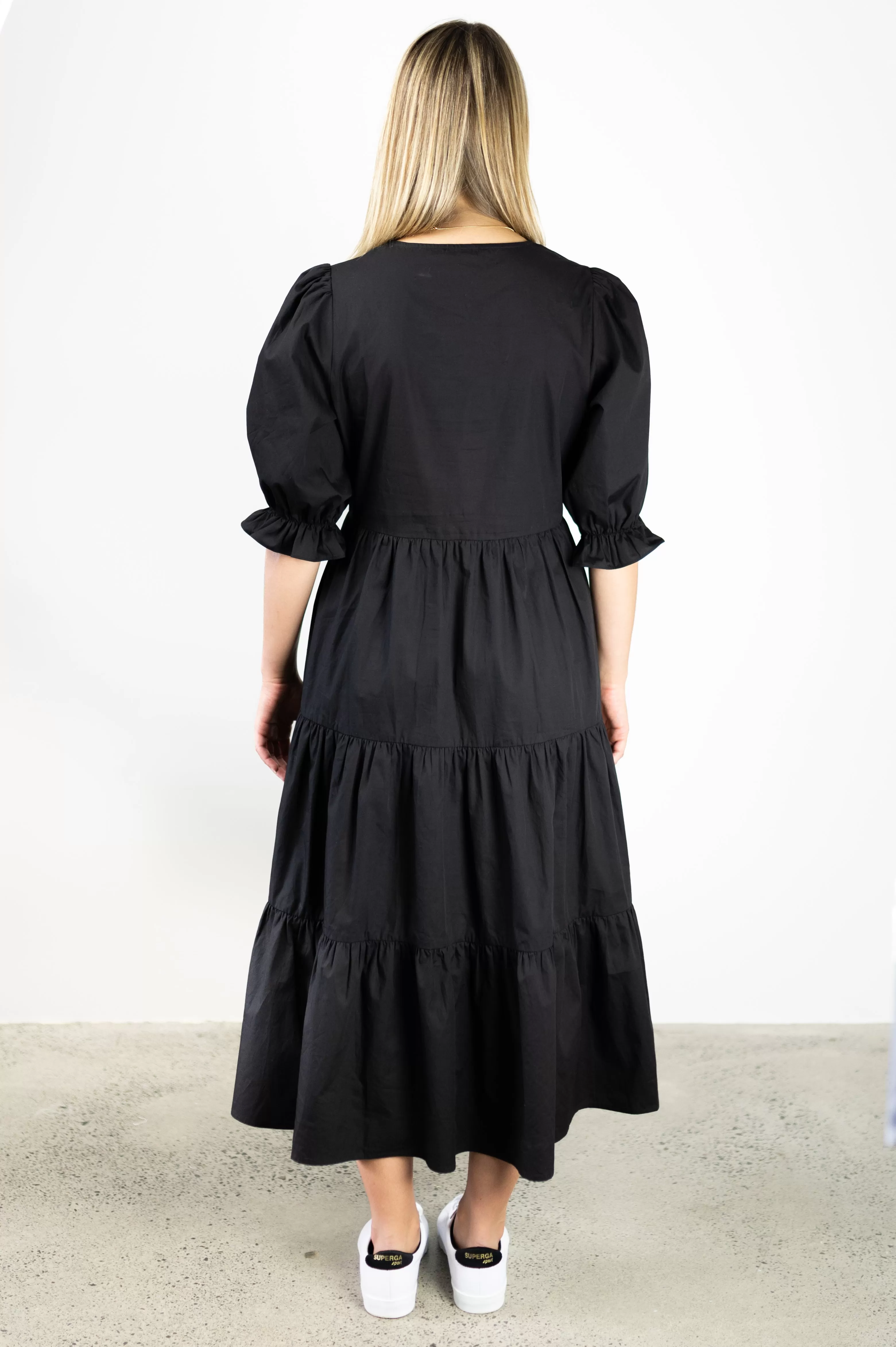 True Love Black Cotton V Neck SS Puff Sleeve Tiered Maxi Dress