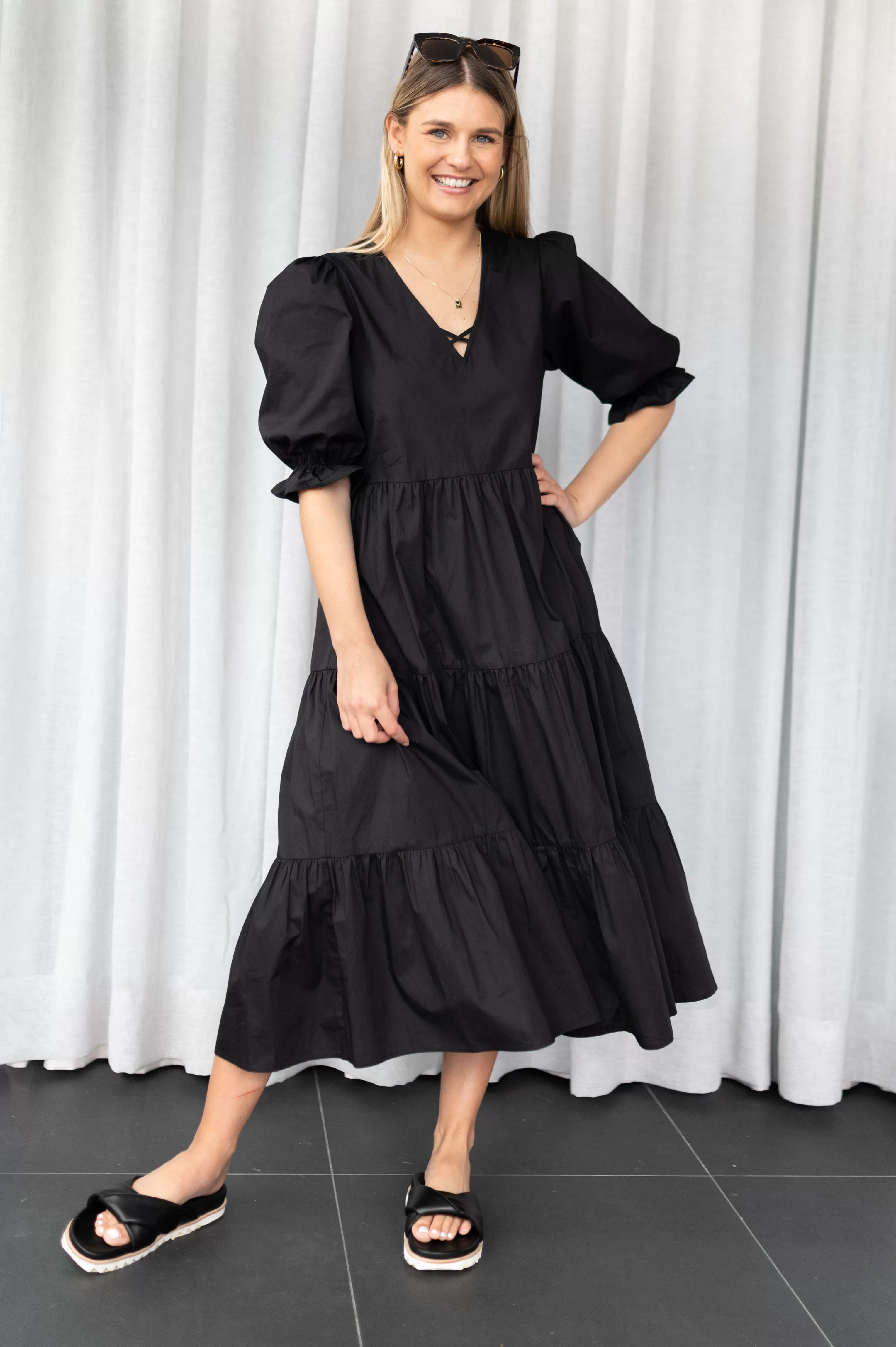 True Love Black Cotton V Neck SS Puff Sleeve Tiered Maxi Dress