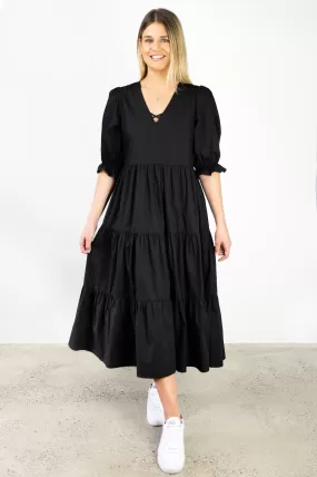 True Love Black Cotton V Neck SS Puff Sleeve Tiered Maxi Dress