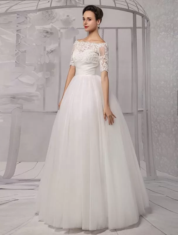 Tull Off-The-Shoulder Ball Gown Wedding With A Lace Wrap Exclusive