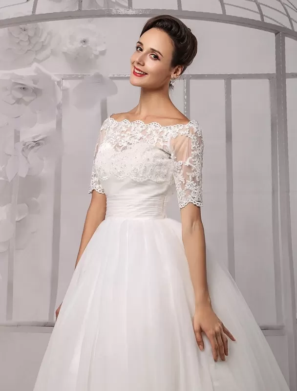 Tull Off-The-Shoulder Ball Gown Wedding With A Lace Wrap Exclusive