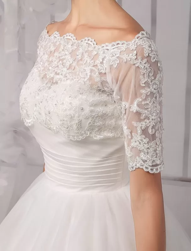 Tull Off-The-Shoulder Ball Gown Wedding With A Lace Wrap Exclusive