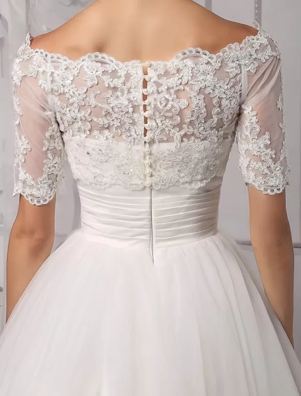 Tull Off-The-Shoulder Ball Gown Wedding With A Lace Wrap Exclusive