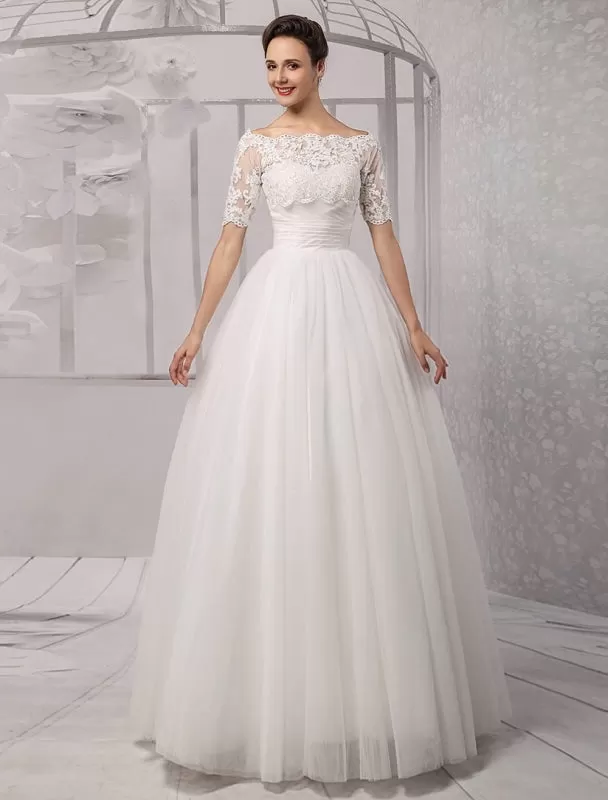 Tull Off-The-Shoulder Ball Gown Wedding With A Lace Wrap Exclusive