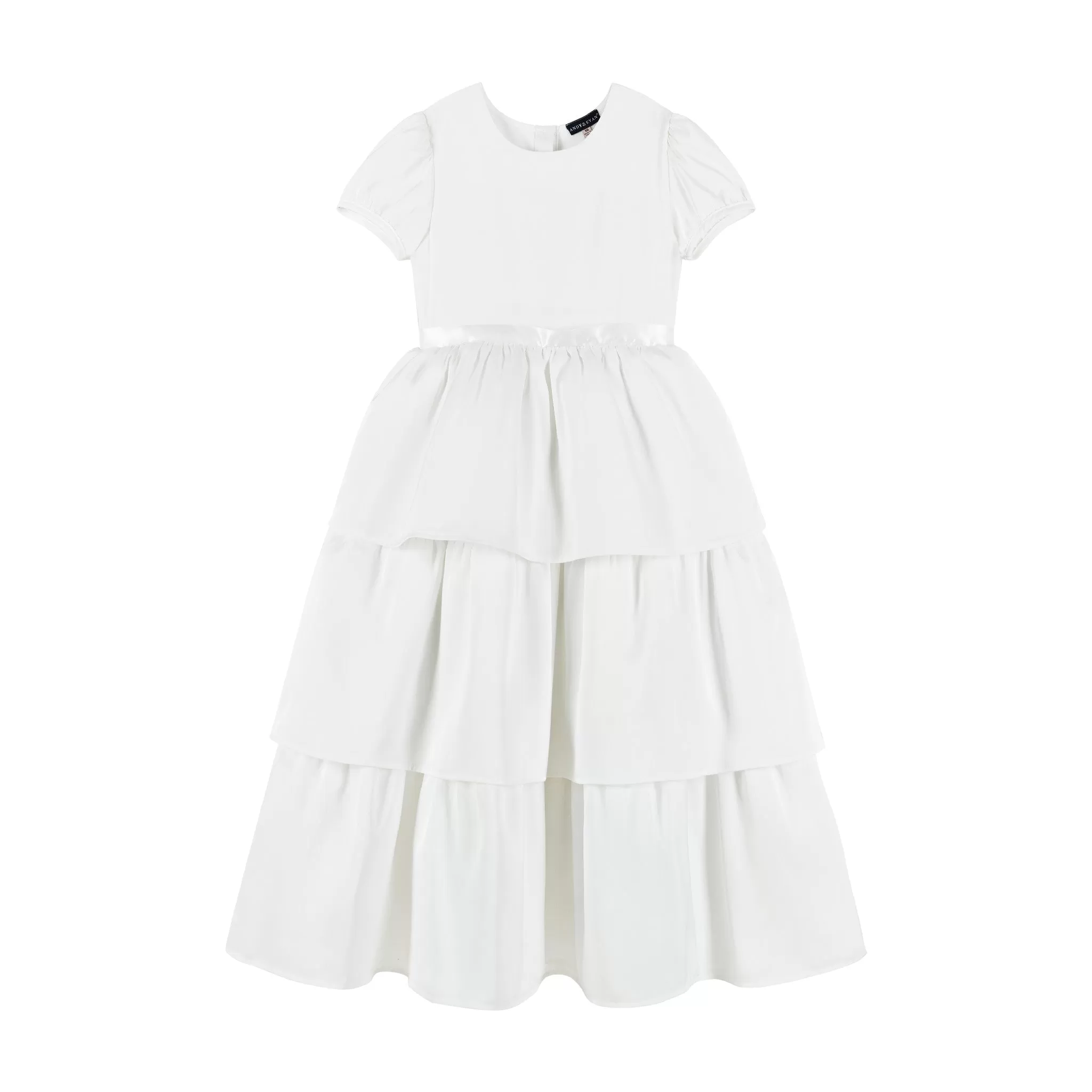 Tween Puff Sleeve Satin Tiered Dress (Size 7-16) | White