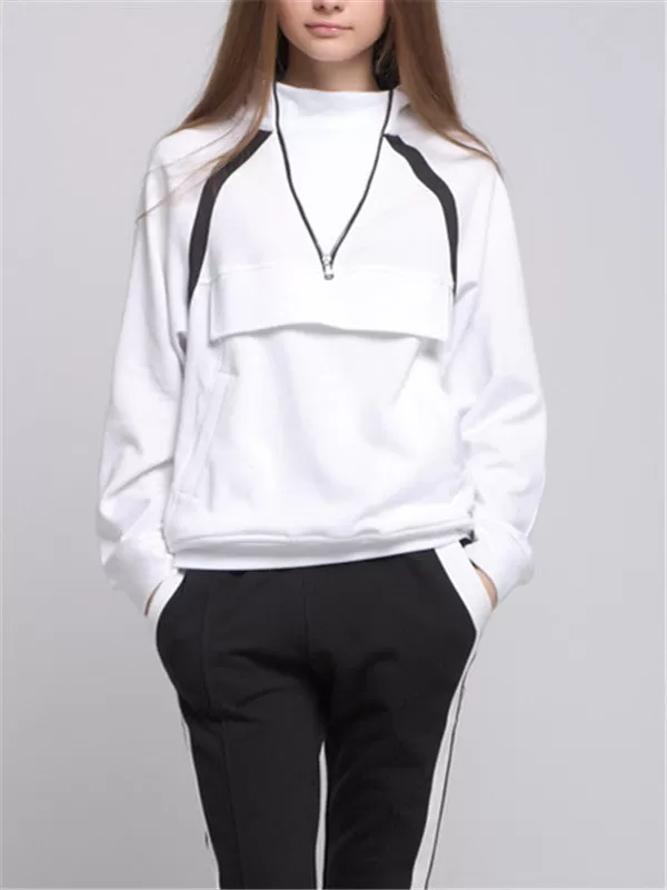 V-neck Zipper Design White Hooded Sweatshirt