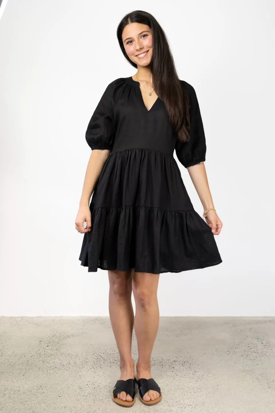 Verona Black Puff SS V Neck Tiered Mini Dress