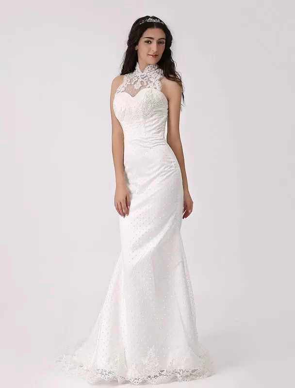 Vintage Inspired Illusion Neck Sheath/Column Wedding Dress With Lace Overlay Exclusive