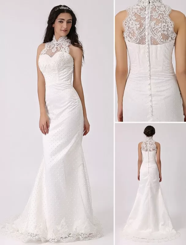 Vintage Inspired Illusion Neck Sheath/Column Wedding Dress With Lace Overlay Exclusive