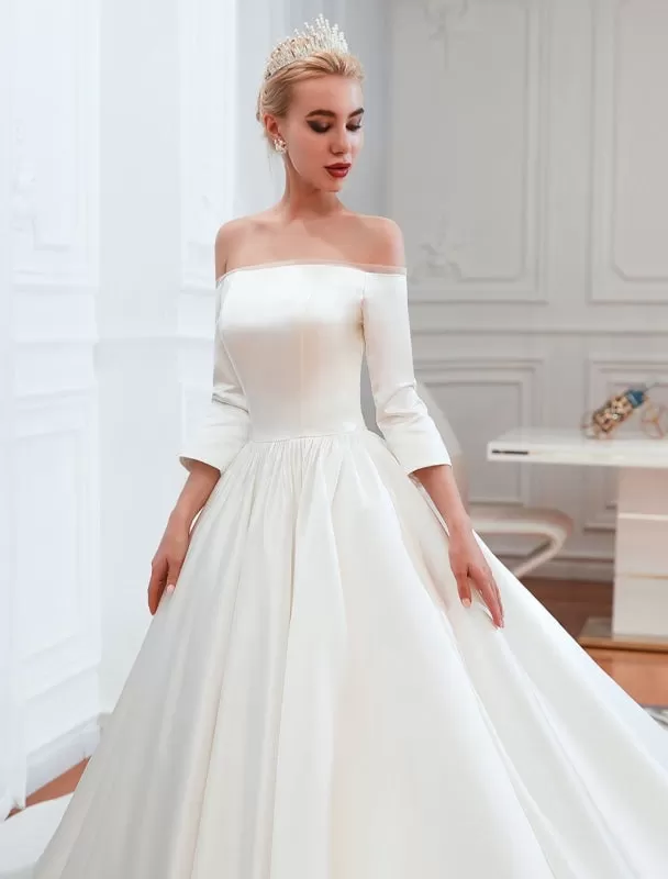 Vintage Wedding Dress 2021 Satin 3/4 Sleeve Off The Shoulder Floor Length Bridal Gowns With Chapel Train