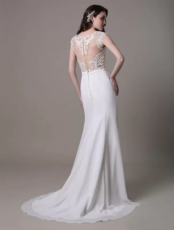 Vintage Wedding Dress Lace And Chiffon Sheath With Stunning Bateau Illusion Neckline And Illusion Back Exclusive