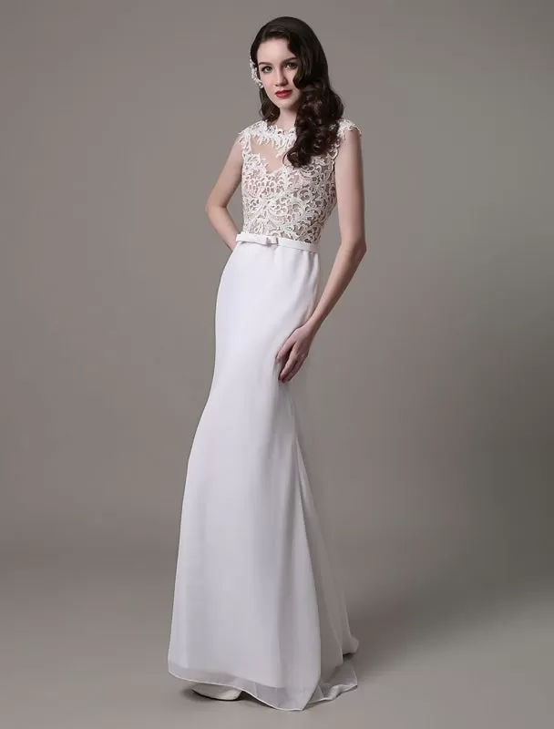 Vintage Wedding Dress Lace And Chiffon Sheath With Stunning Bateau Illusion Neckline And Illusion Back Exclusive