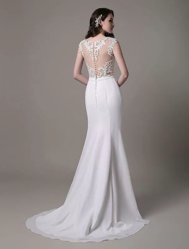 Vintage Wedding Dress Lace And Chiffon Sheath With Stunning Bateau Illusion Neckline And Illusion Back Exclusive