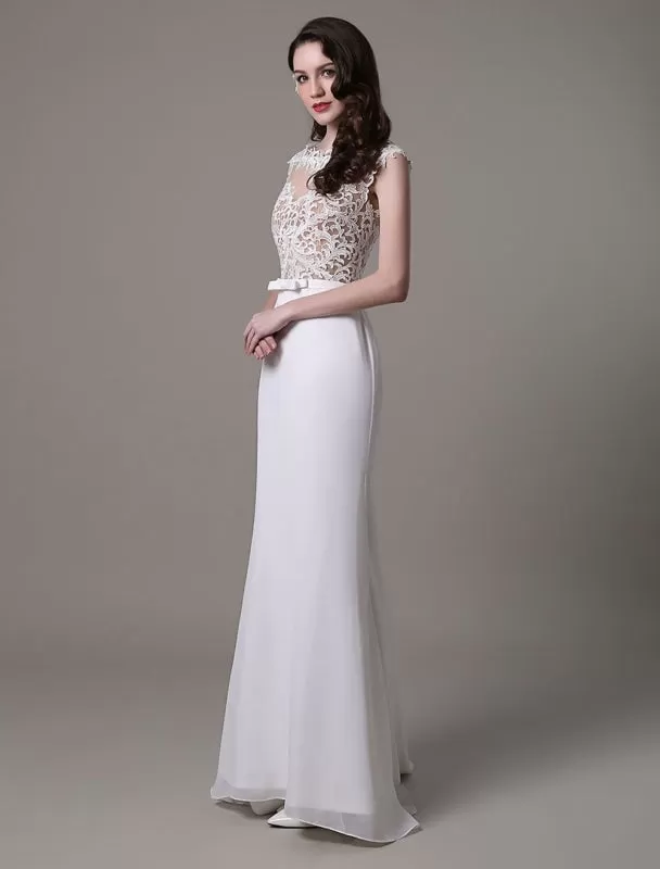 Vintage Wedding Dress Lace And Chiffon Sheath With Stunning Bateau Illusion Neckline And Illusion Back Exclusive