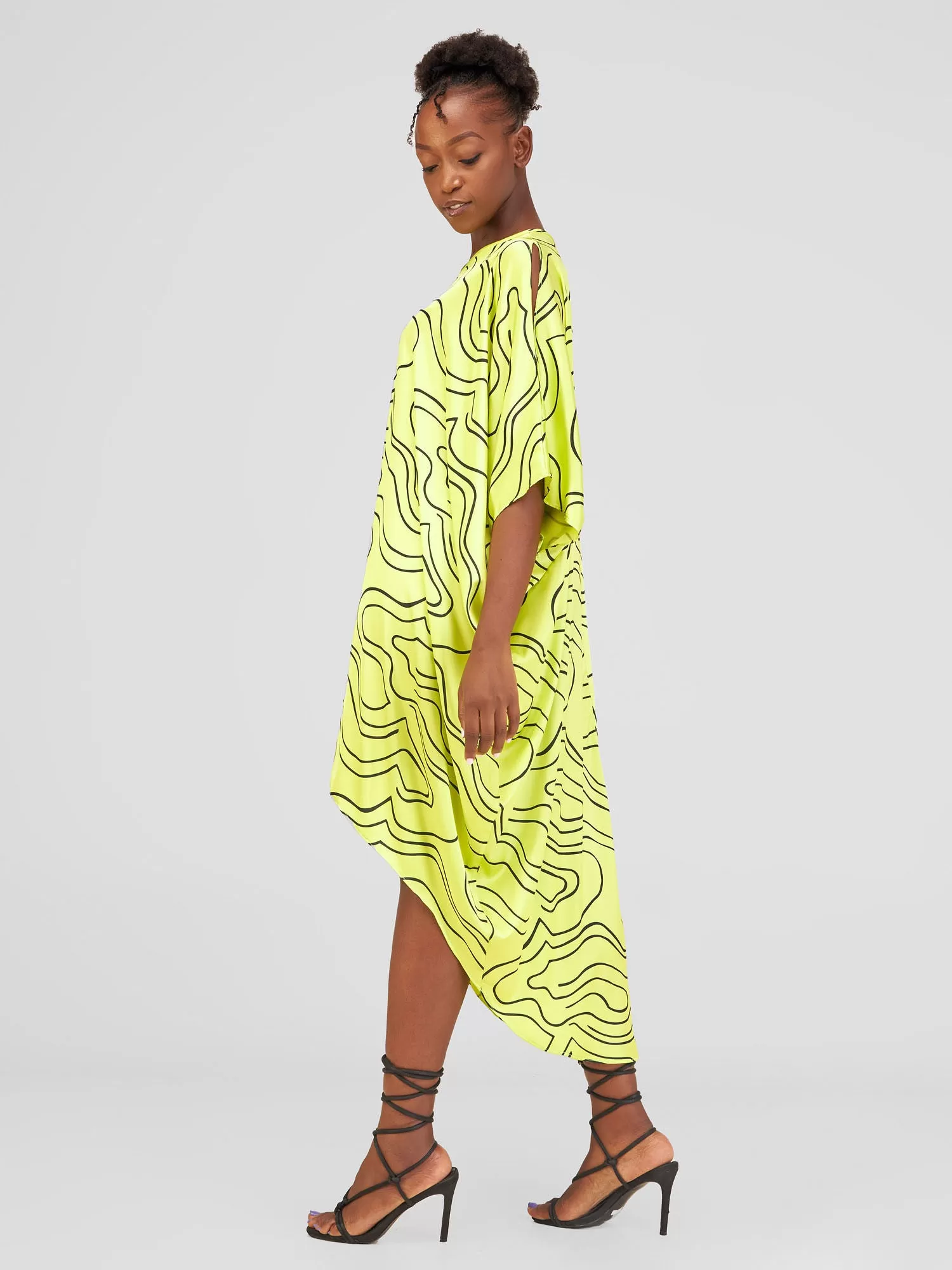 Vivo Lani Satin High Low Dress - Lime / Black Hini Print