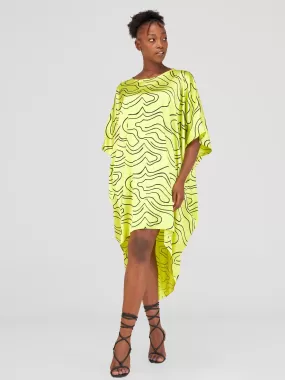 Vivo Lani Satin High Low Dress - Lime / Black Hini Print