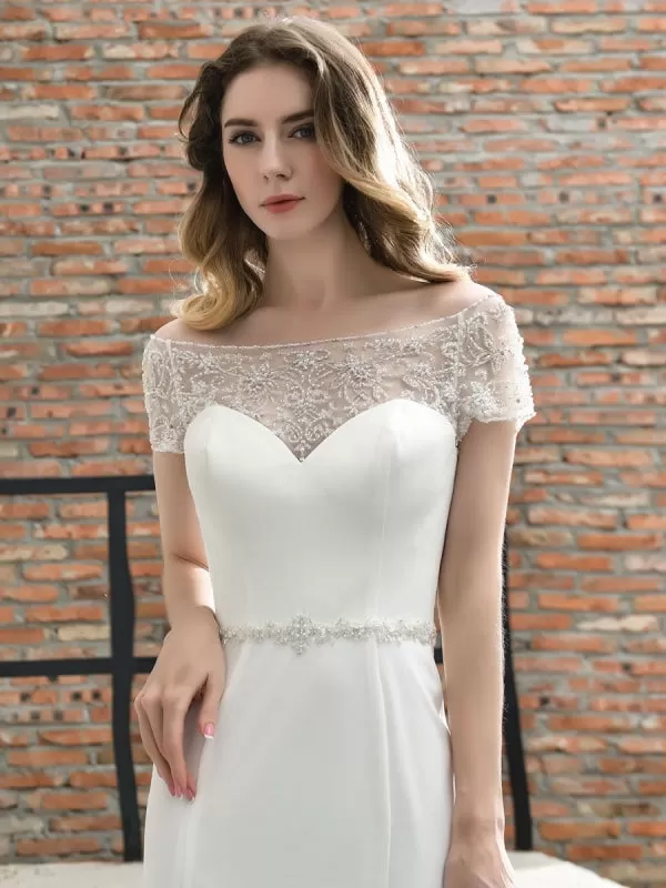 Wedding Dress Short Sleeves Illusion Neck Beaded Mermaid Bridal Gowns