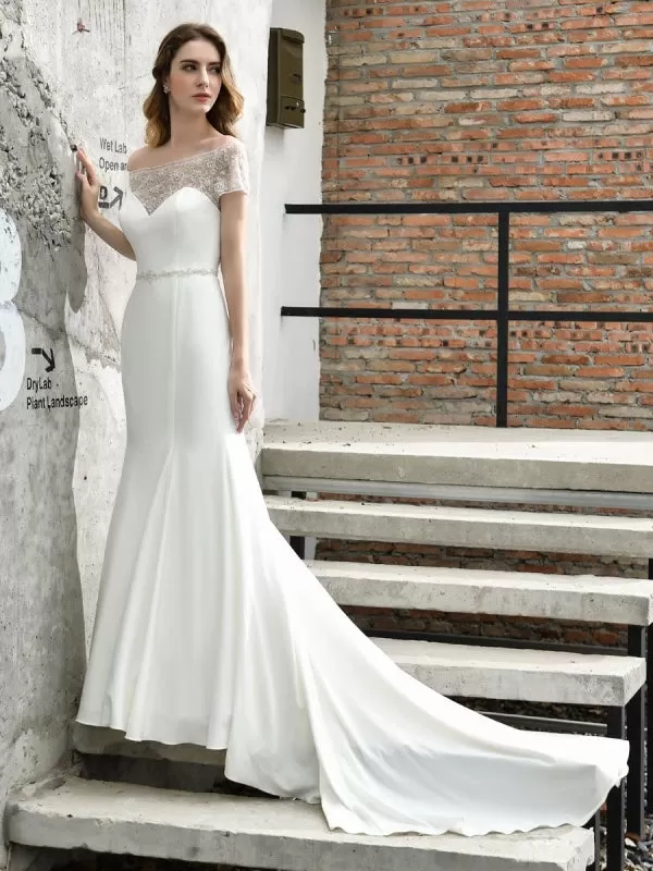 Wedding Dress Short Sleeves Illusion Neck Beaded Mermaid Bridal Gowns