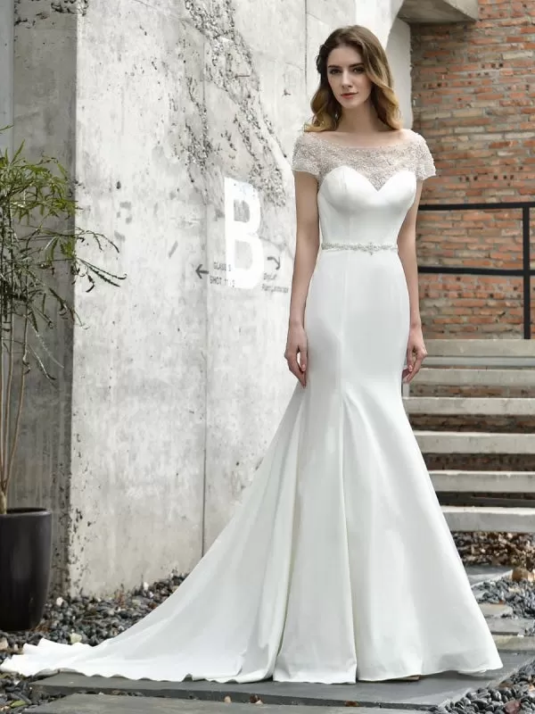 Wedding Dress Short Sleeves Illusion Neck Beaded Mermaid Bridal Gowns