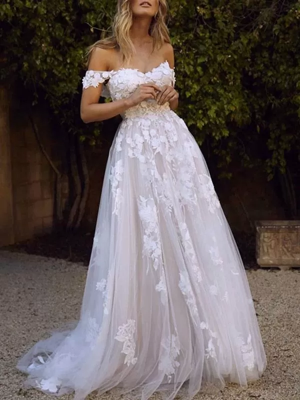 Wedding Dresses 2021 A Line Off The Shoulder Short Sleeve Lace Flora Appliqued Tulle Bridal Gown With Train