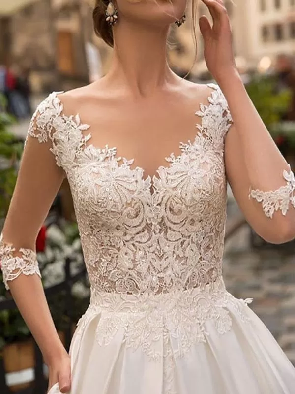 Wedding Dresses 2021 A Line V Neck Half Sleeve Floor Length Lace Appliqued Satin Vintage Bridal Gown With Train