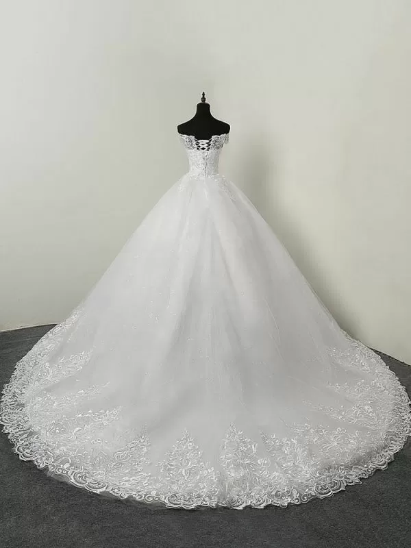 Wedding Dresses 2021 Ball Gown Off The Shoulder Short Sleeve Natural Waist Lace Applique Tulle Bridal Dress