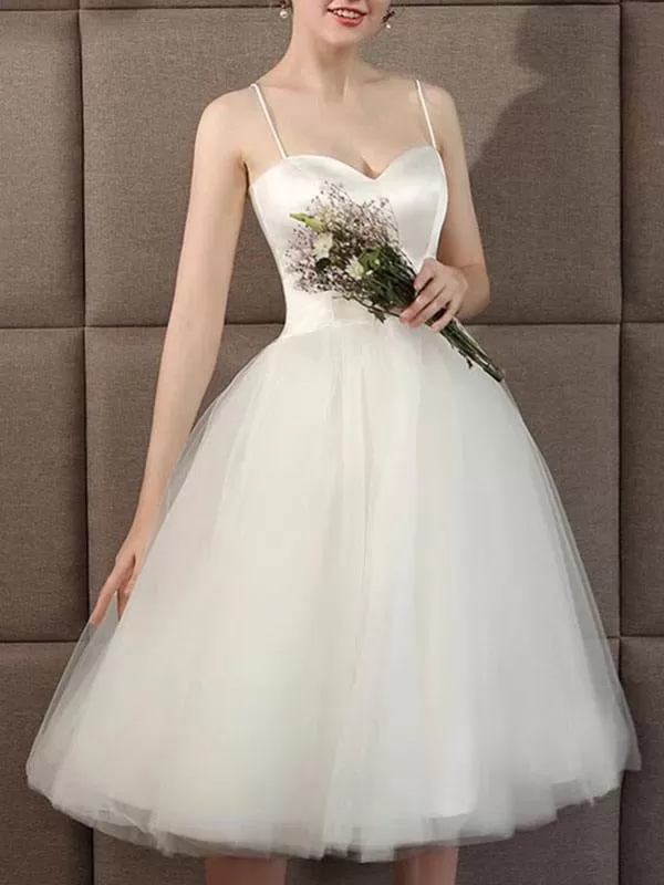 Wedding Dresses Sweetheart Neck Sleeveless A Line Tea Length Short Bridal Dress