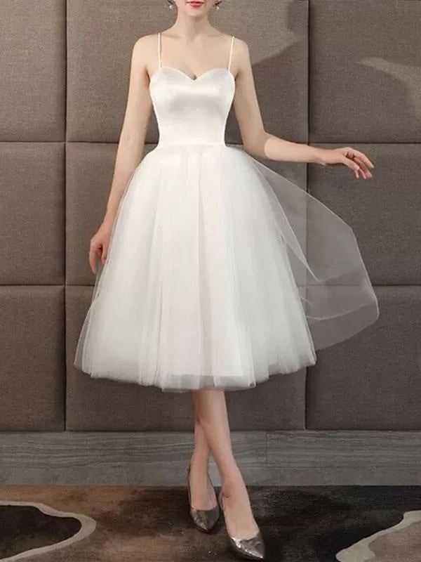 Wedding Dresses Sweetheart Neck Sleeveless A Line Tea Length Short Bridal Dress