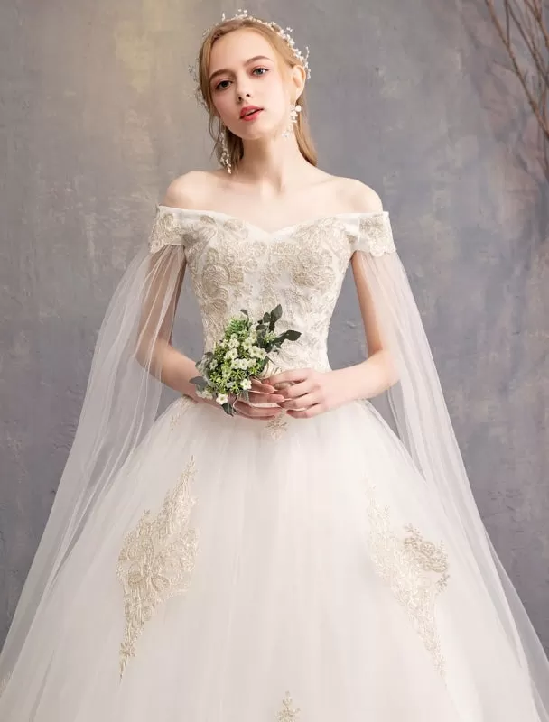 Wedding Dresses Tulle Off The Shoulder Short Sleeve Lace Applique Princess Bridal Gown