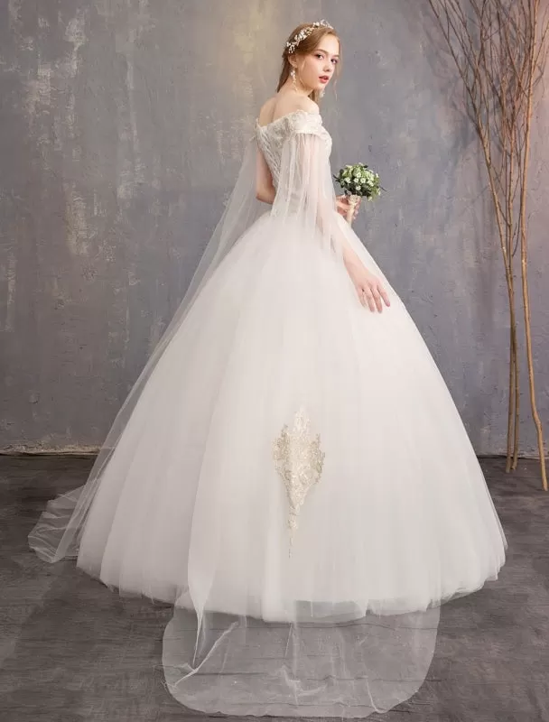 Wedding Dresses Tulle Off The Shoulder Short Sleeve Lace Applique Princess Bridal Gown