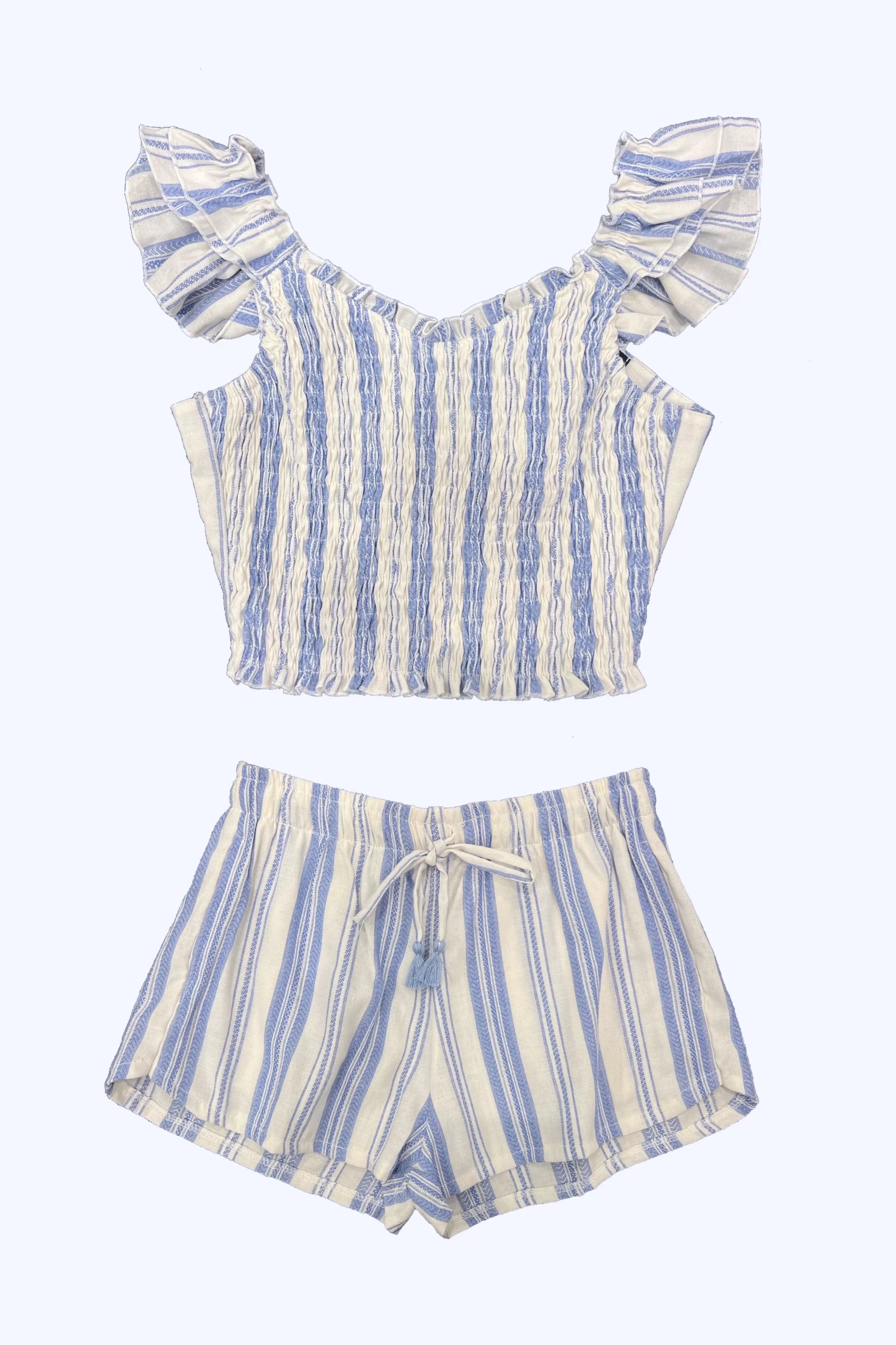 White Blue Woven Stripe Ruffle Strap Top