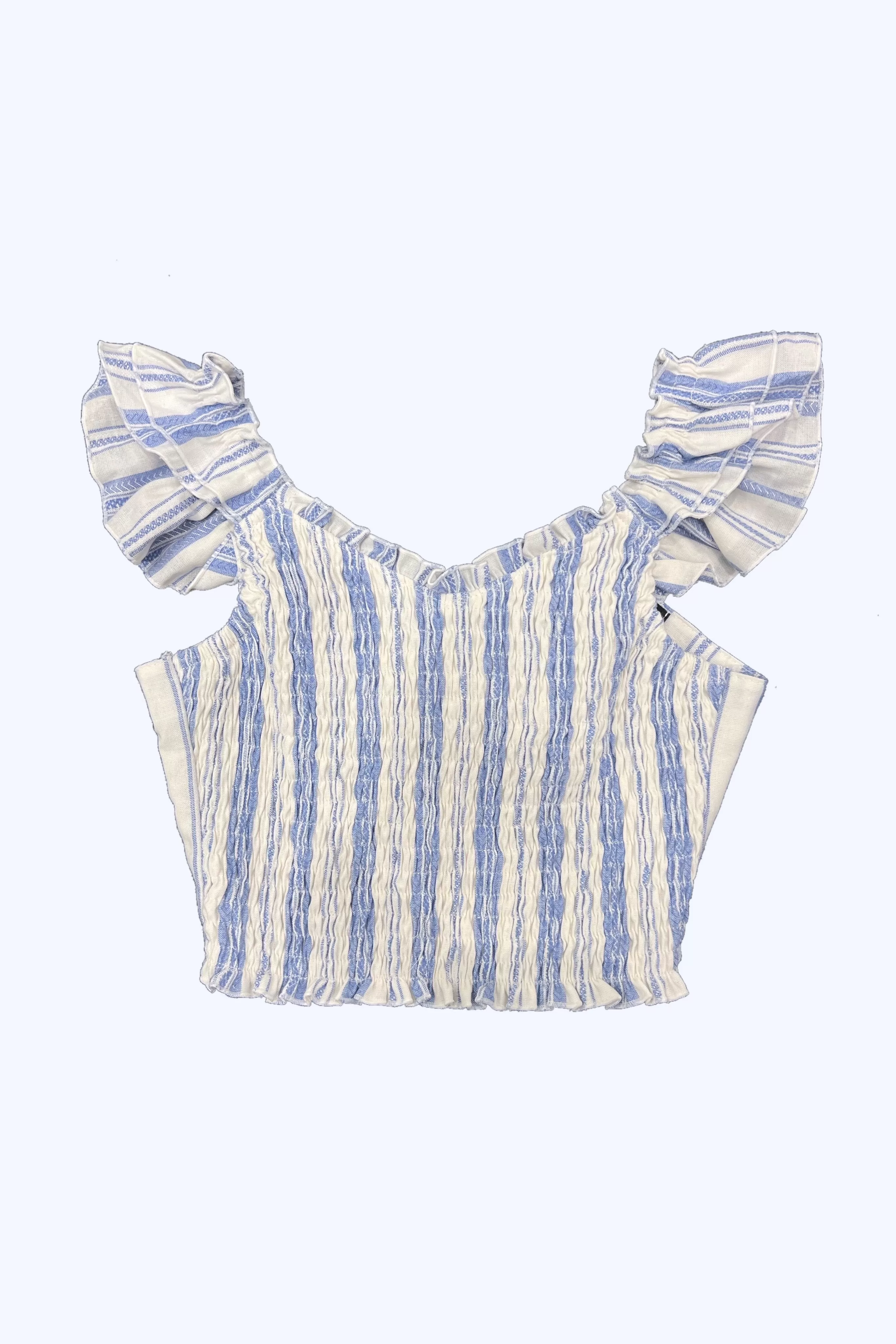 White Blue Woven Stripe Ruffle Strap Top