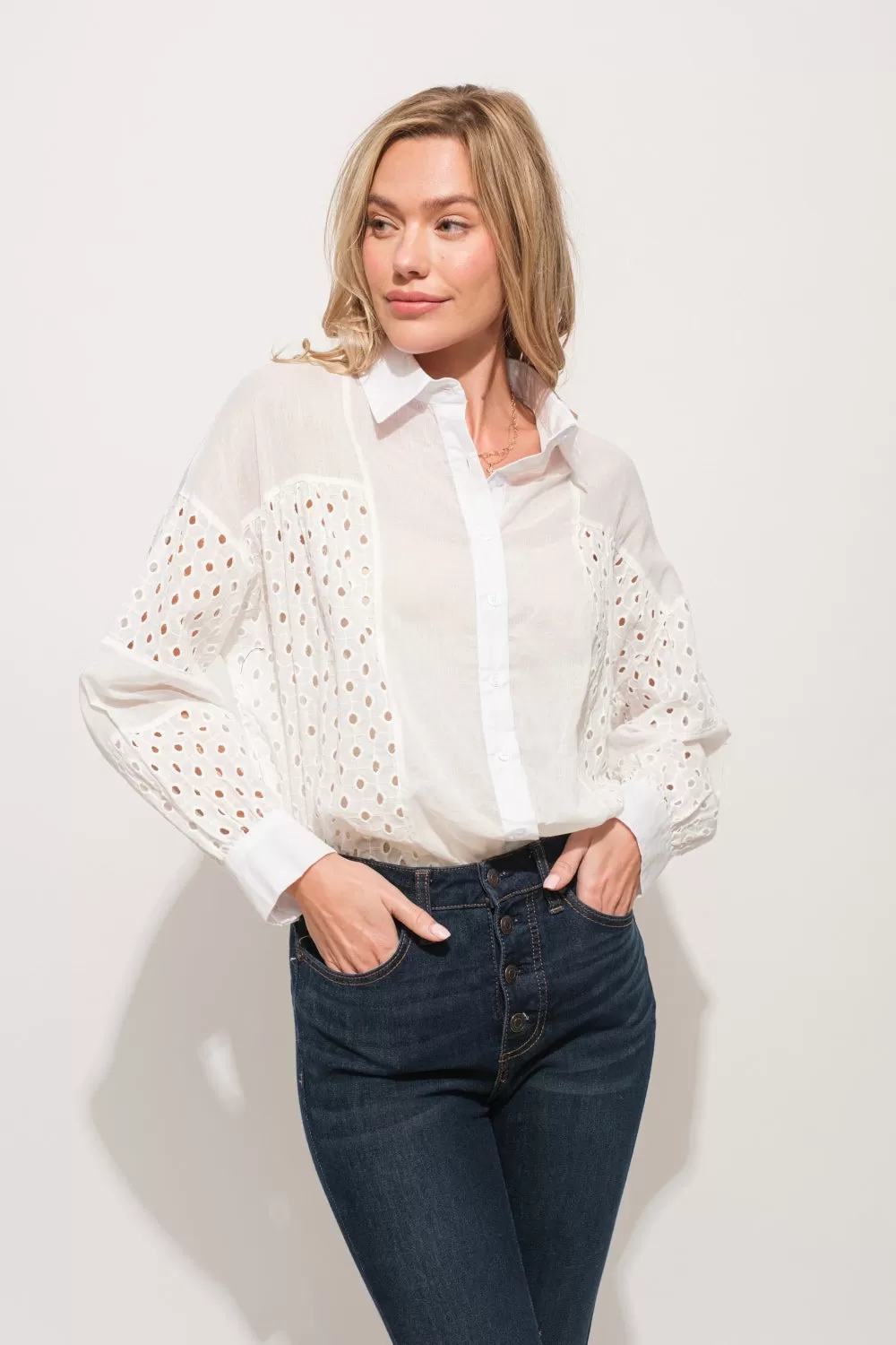 White Eyelet Long Sleeve Button Down Shirt