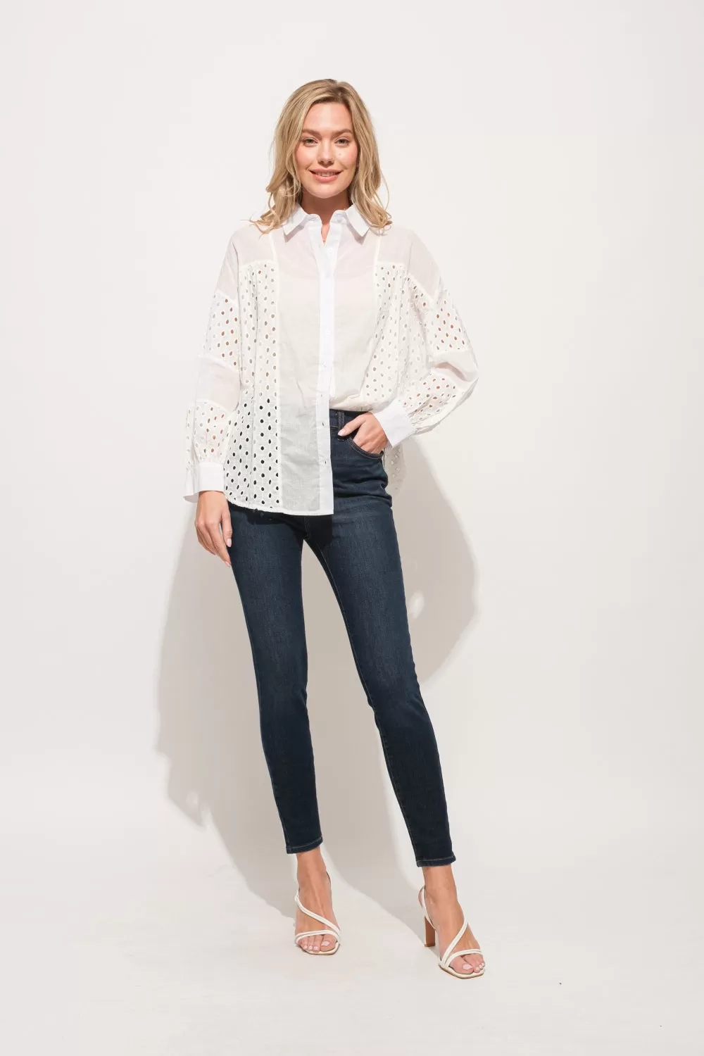 White Eyelet Long Sleeve Button Down Shirt