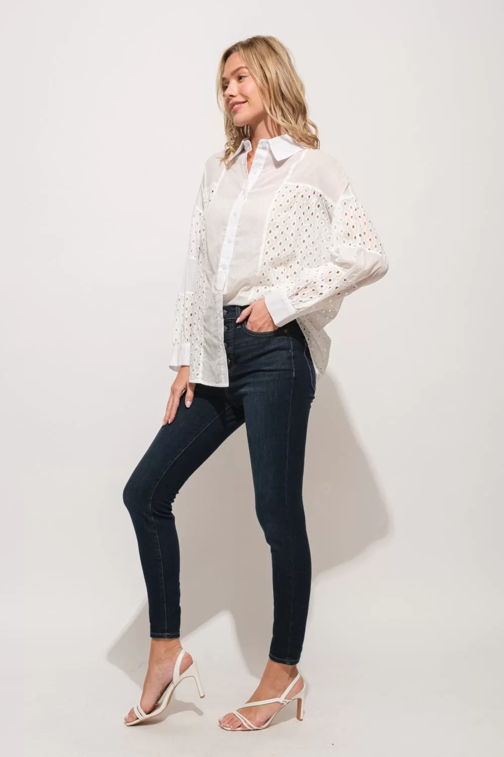 White Eyelet Long Sleeve Button Down Shirt